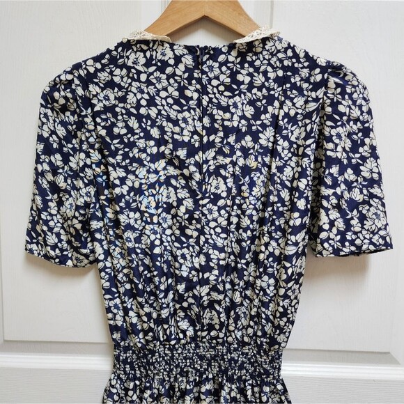 Vintage Stuart Alan Dress 8 Navy Floral Lace Peter Pan Collar Smocked Waist - Picture 5 of 11